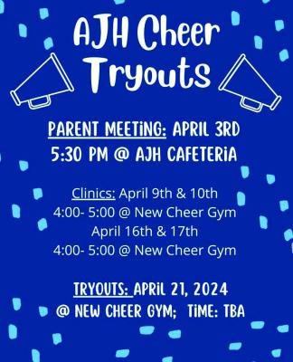 Tryouts for Altus Junior High Cheerleading are scheduled for April 21, 2024, at the new cheer gym. The time has not been announced yet. A parent meeting is scheduled for April 3 at 5:30 p.m. at the Altus Junior High Cafeteria. Cheer clinics are scheduled for April 16 and 17 at the new cheer gym from 4-5 p.m.