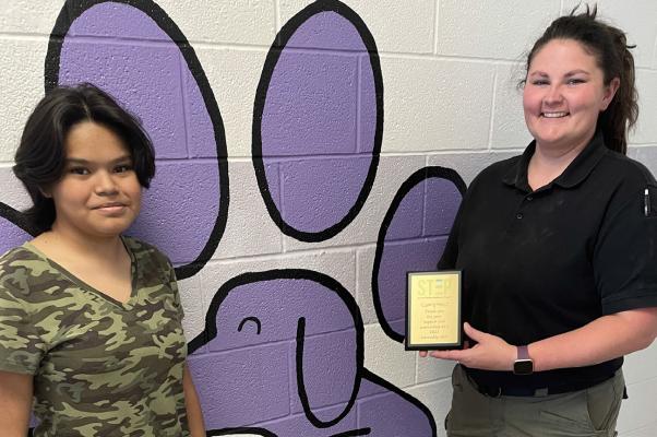 Animal Control Officer Haley Gilpatrick (right) recognizes Sabrina Bertram (left) for working as a kennel attendant during her BEST STEP internship at the Altus City Animal Shelter. Courtesy photo