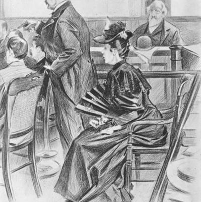 The Borden murder trial–A scene in the court-room before the acquittal – Lizzie Borden, the accused, and her counsel, Ex-Governor Robinson / drawn on the spot by B. West Clinedinst. Clinedinst, B. West (Benjamin West) | Library of Congress