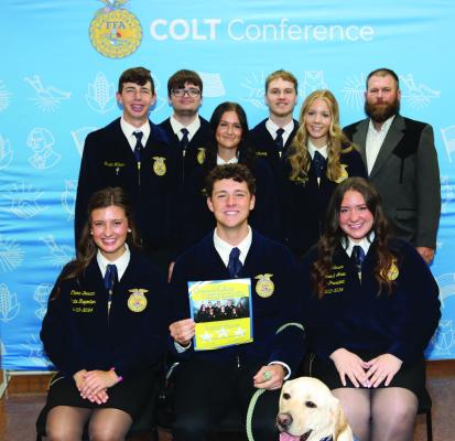 Pictured from left in the front row are state reporter Clara Duncan, of Chickasha, chapter president Caleb Ames, and southwest area vice-president Kylee Falasco, of Weatherford. Pictured in the back row in no particular order are Jackson Zorger, Vice President, Grat Caskey, Secretary, Zachery Bales, Treasurer, Vivian Gonzalez, Reporter, Addy King, Sentinel, and Steve Gurley, Adviser.